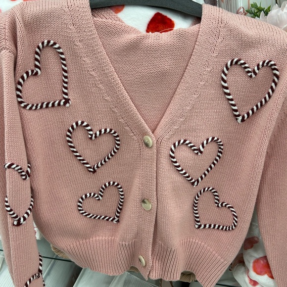 Light Pink Sweater Valentines Heart Accents Cardigan 💕❤️💞 - Picture 1 of 5